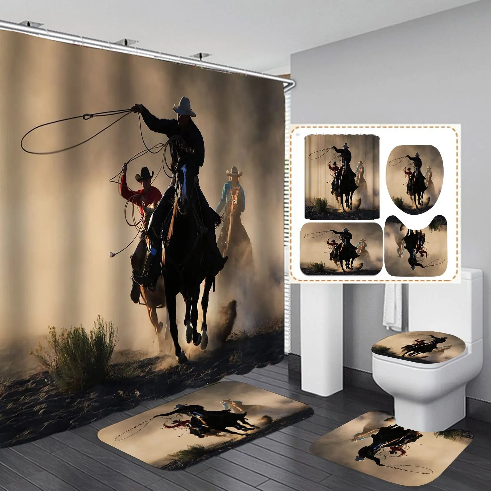 4PCS/Set Western Cowboy Shower Curtain Set With Bath Rug Toilet Cover Country Cowboy Riding Horse in Wild West Bathroom Decor