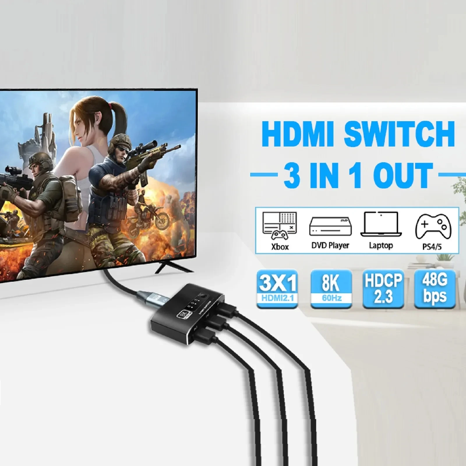 HD2.1 8K@60Hz Switch 3 In 1 Out 4K@120Hz 3 In1 Out Switcher DTS HDCP2.3 For TV PS4 HD-MI Splitter Monitor Computer Notebook