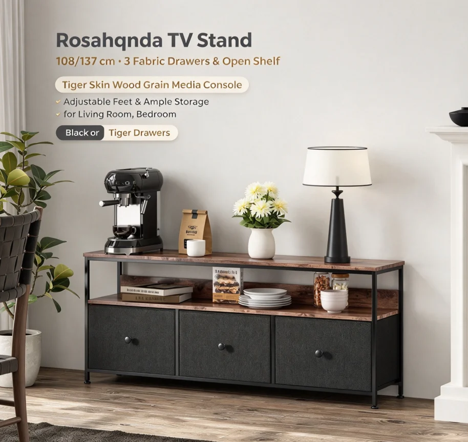 Mueble para televisor Rosahqnda de 108/137 cm con 3 cajones de tela y un estante abierto, consola para equipos multimedia con diseño de madera que imita la piel de tigre, mueble de almacenamiento para