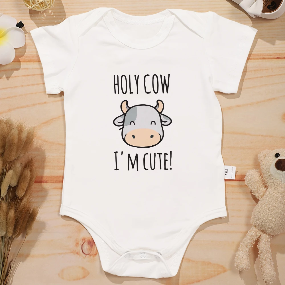 Holy Cow I'm Cute Baby Girl Clothes Items Pink Bodysuits Cartoon Fashion Cotton 0-24 Month Newborn Boy Onesies Toddler Playsuit