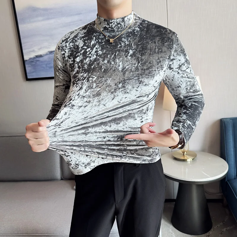 2024 Fall Slim Fit Half High Neck Men's Luxurious Base Shirt, Stretchable Knitted Pullover Top for Nightclubs, Parties.M-4XL