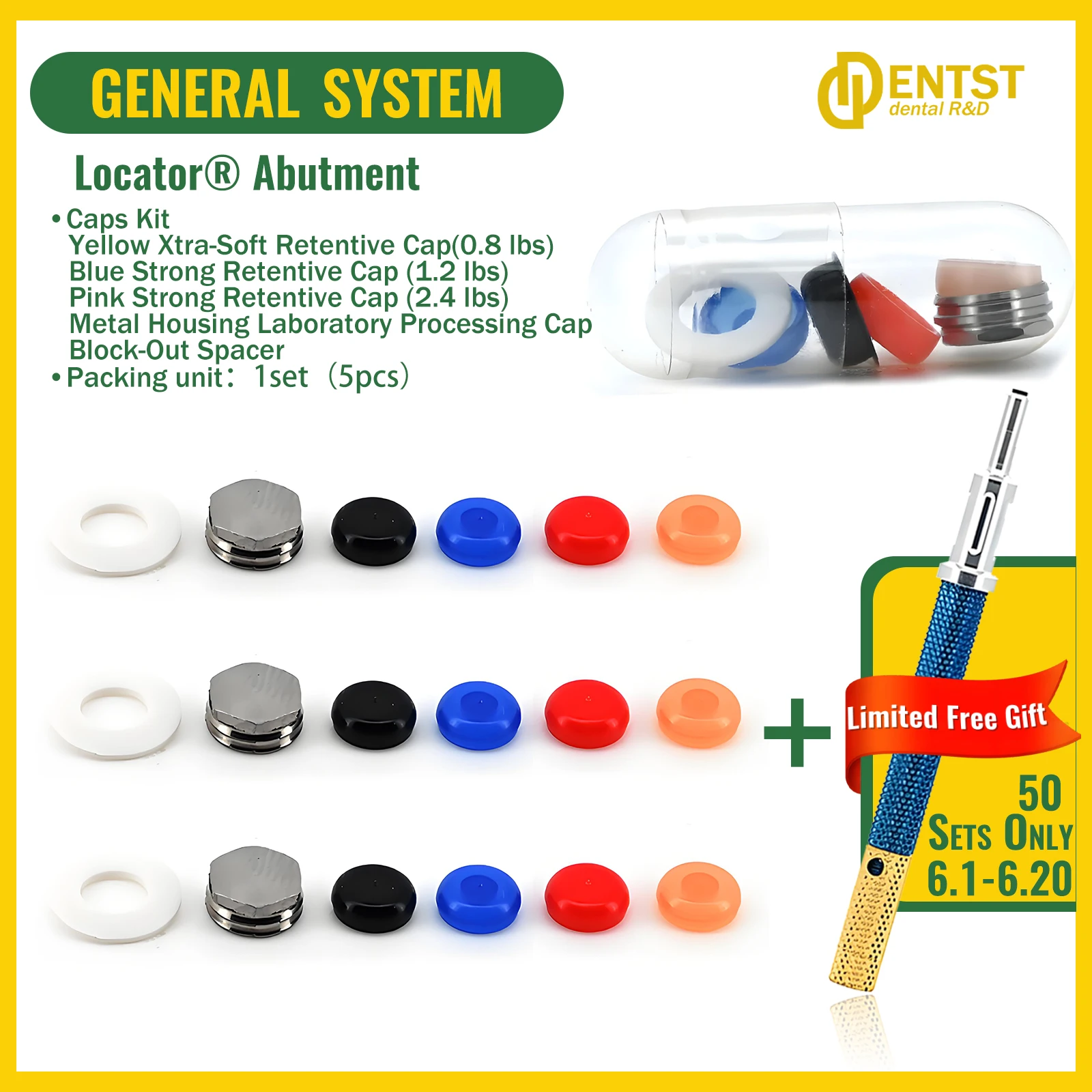 Dental Retention Implant Caps Kit - Removable Insertion Extraction Locator Core Tool Abutment for Hiossen Osstem Overdenture