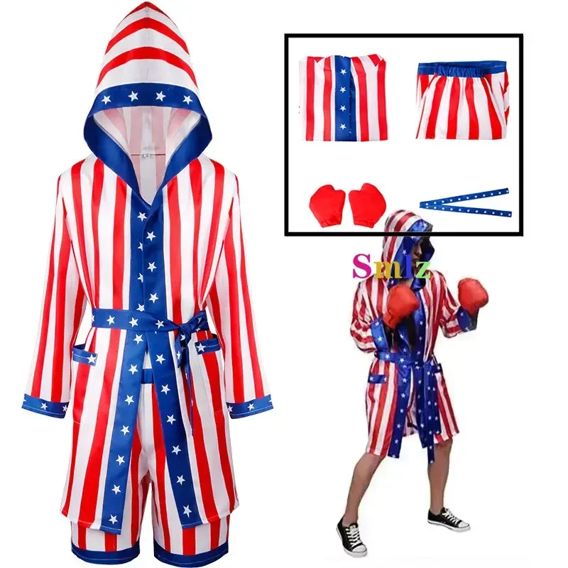 

4 шт. Рокки Бальбоа боксер одежда для косплея с шортами фильм боксерский халат плащ с капюшоном шорты перчатки костюм комплект