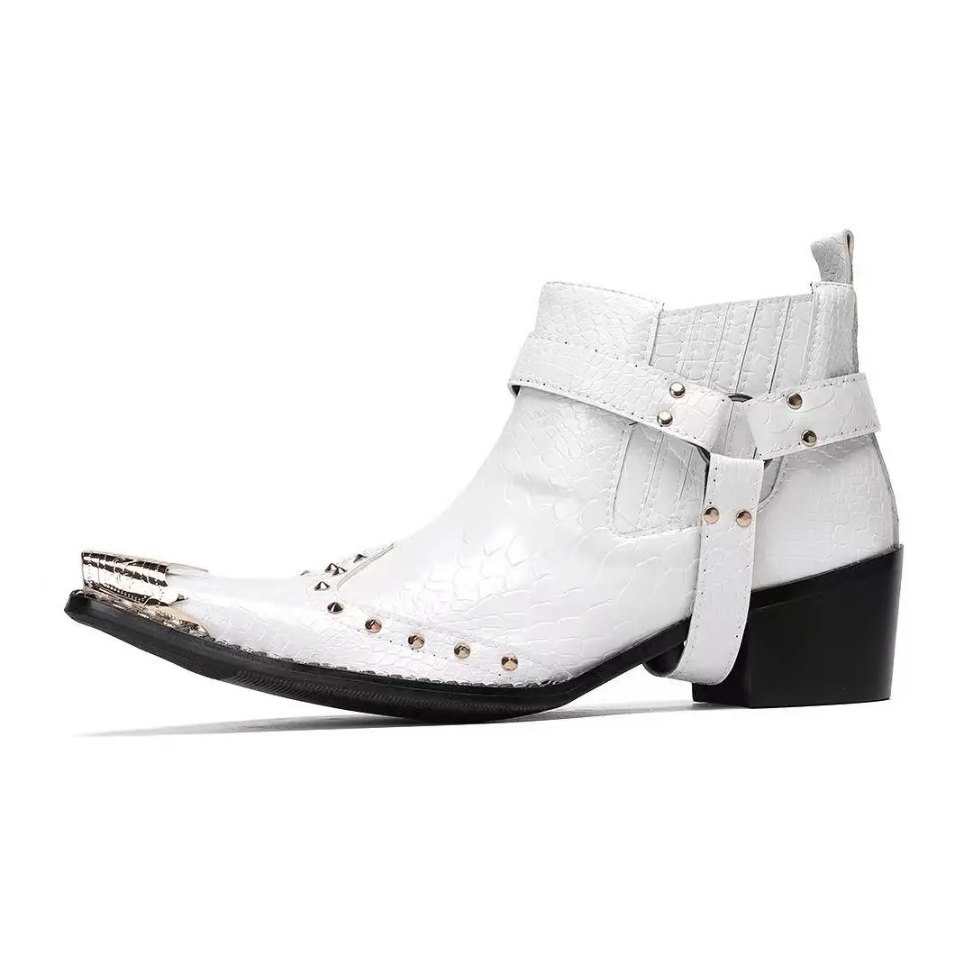 Schwarze Herren-Stiefeletten aus Schlangenleder mit Nietenbesatz, Blockabsatz, auffälliges Design, modische Schuhe für Bars, Bühnen, Streetwear und besondere Anlässe. – Detail 24