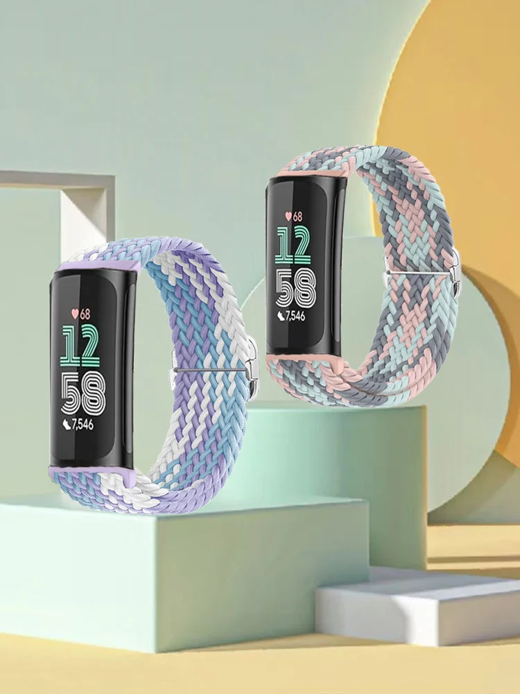 2 Stück Sport-Armbänder aus geflochtenem Nylon, dehnbar, für Fitbit Charge 5/6, elastische Riemenschlaufe für Fitbit Versa 3/4 Smart Watch