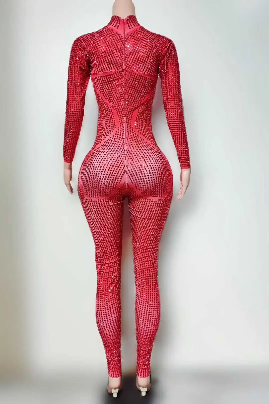 Combinaison luxueuse à strass rouges pour femmes, Sexy, extensible, Costume de danse, discothèque, chanteur, vêtements de scène, combinaison de séance photo