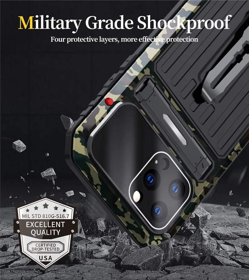 Full Body Rugged Armor Shockproof Camouflage Case for iphone 14 Pro 14 13 12 Pro Max 14 Plus Kickstand Aluminum Metal Back Cover