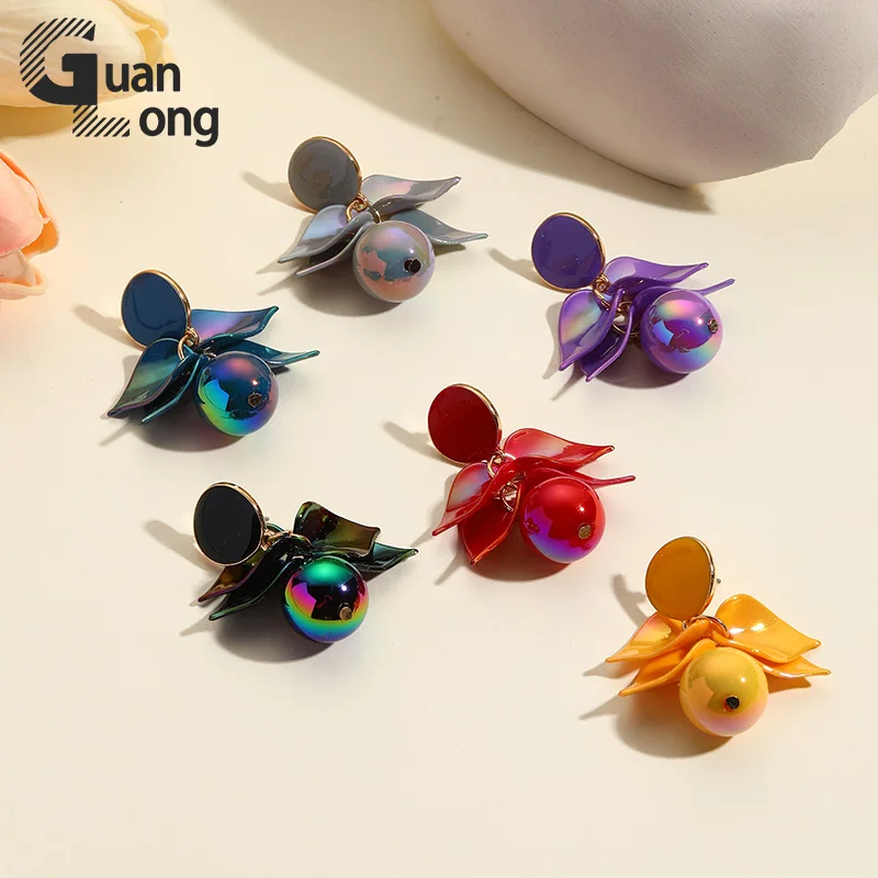 GuanLong New Trendy Big Cute Beads Leaf Dangle Earrings for Women Long Laser color Resin Drop Earring Girls Hanging Ear Jewelry