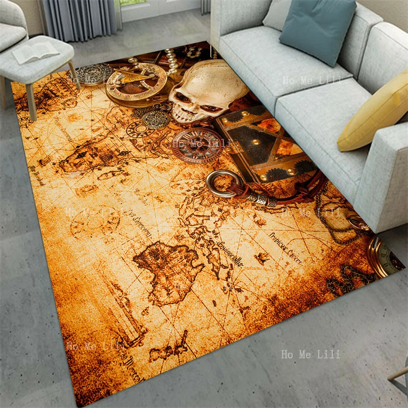 Retro Pirate Map Skull Head Compass Jjewellery Treasure Soft Carpet Flannel Floor Rugs Decor For Living Room Bedroom