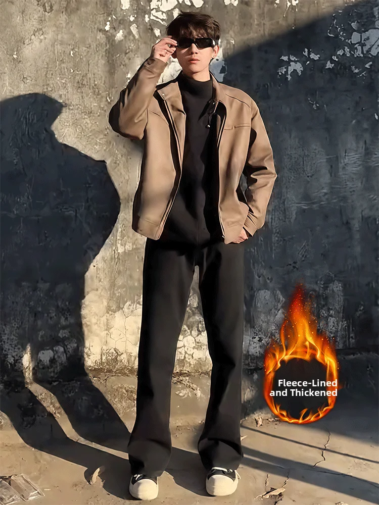 

Black American High Street Knife Fleece Lined Slim Fit Jeans Men's Winter Casual Straight Leg Micro Flared Pants