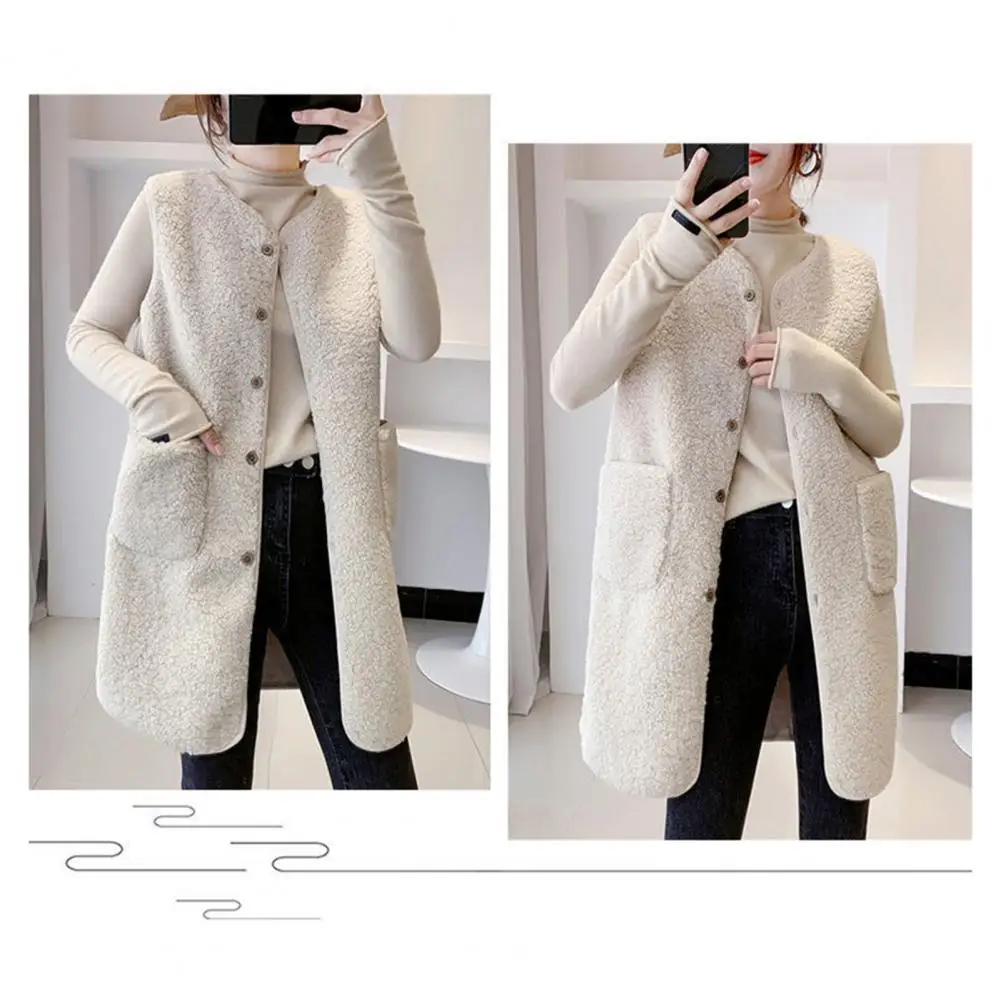 

Solid Color Vest Stylish Sleeveless Women's Vest Coat with Pockets Warm Winter Outwear Waistcoat for Fall Mid Length