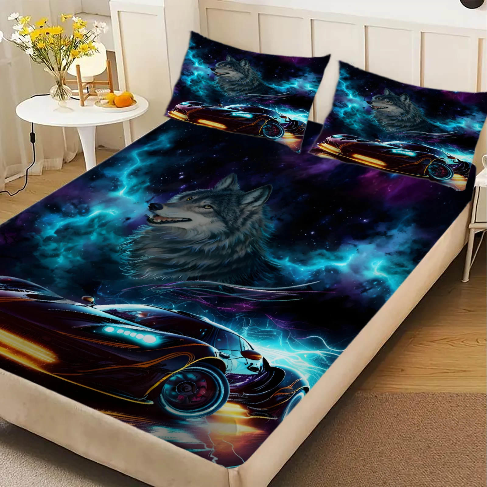 1pc Cool Racing Car Wolf Fitted Sheet 100% Polyester Durable Bed Sheet NO Pillowcases Home Bedroom Decor Boys Birthday Gifts