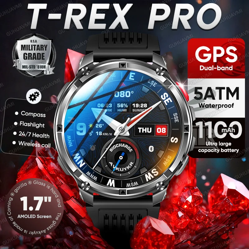 2026 nouveau T-Rex3 Pro 1100mAh batterie montre intelligente GPS chemin 5ATM étanche sport course tracker extérieur boussole militaire Smartwatch