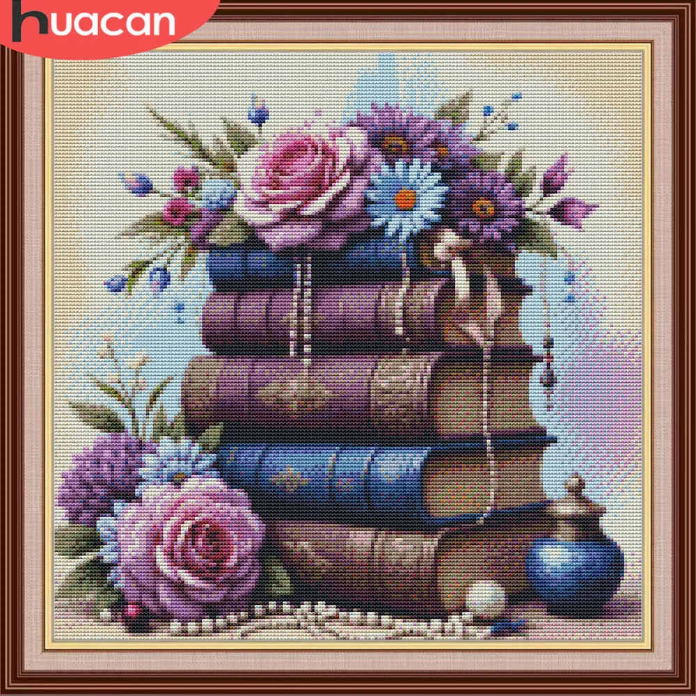 HUACAN Kreuzstich-Set, Buch, Landschaft, Stickerei-Sets, Rose, Blume, Handarbeit, DMC-Fäden, 11 Karat, Bild, gedruckt, Heimdekoration
