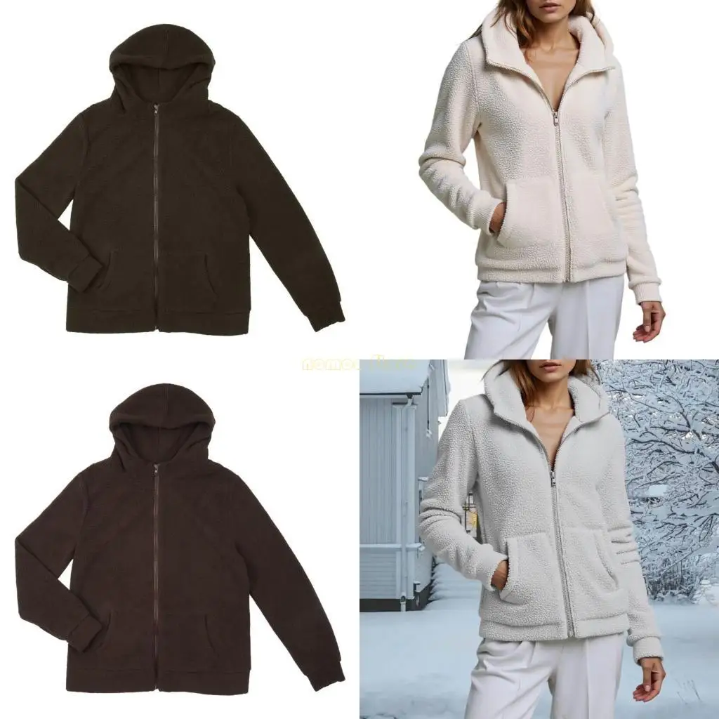

31BF Women Thick Fuzzy Fleece Long Sleeve Hooded Full Zip Up Oversized Winter Sweatshirt with Front Pockets Design