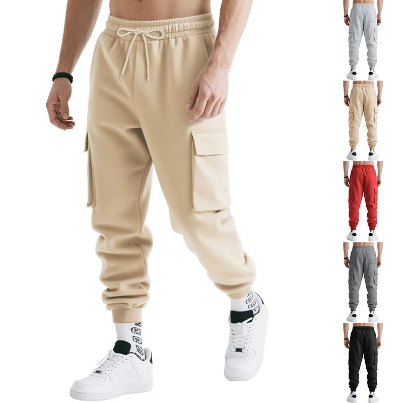 

Autumn Running Multi-Pockets Sweatpants Men Drawstring Waist Sportswear Casual Track Pants Plus Size Loose Straight Trousers