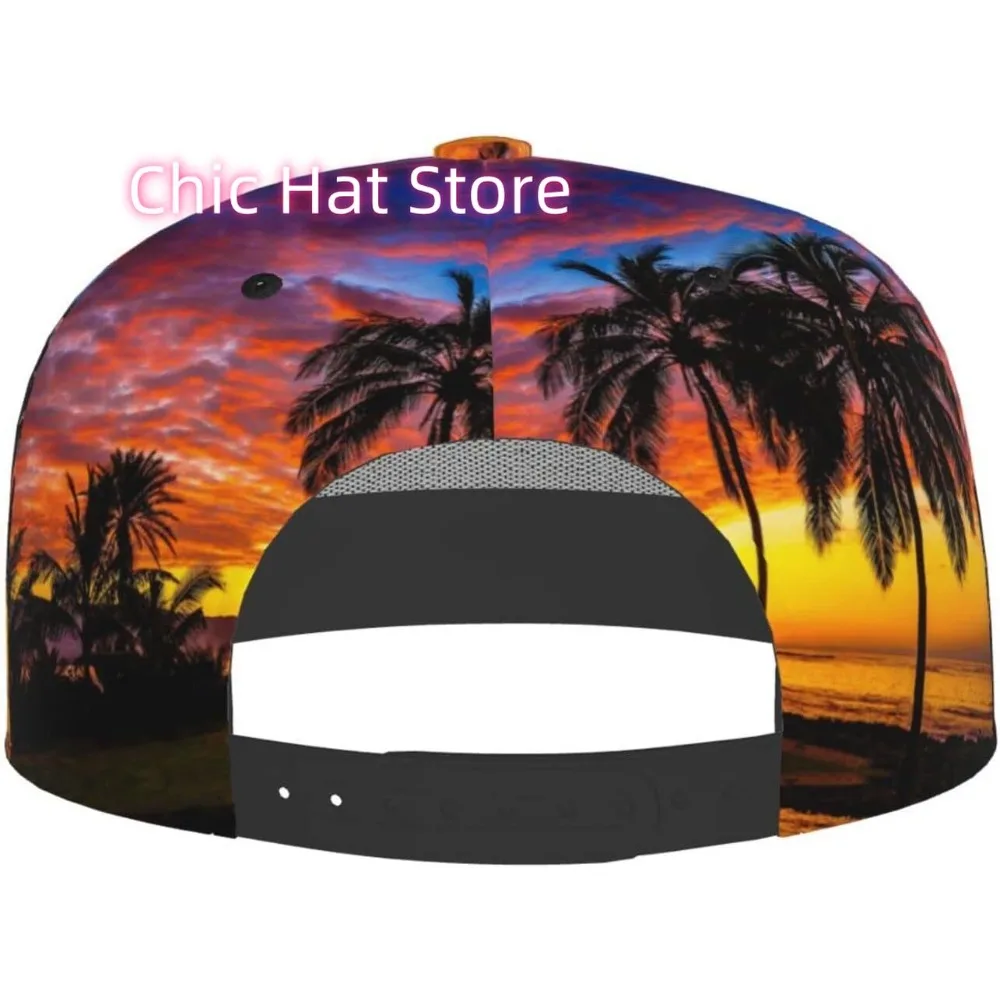 Urocze czapki bejsbolówki z siatką z motywem palm i zachodu słońca dla mężczyzn i kobiet, regulowane, outdoorowe, hawajskie czapki typu snapback chroniące przed słońcem.