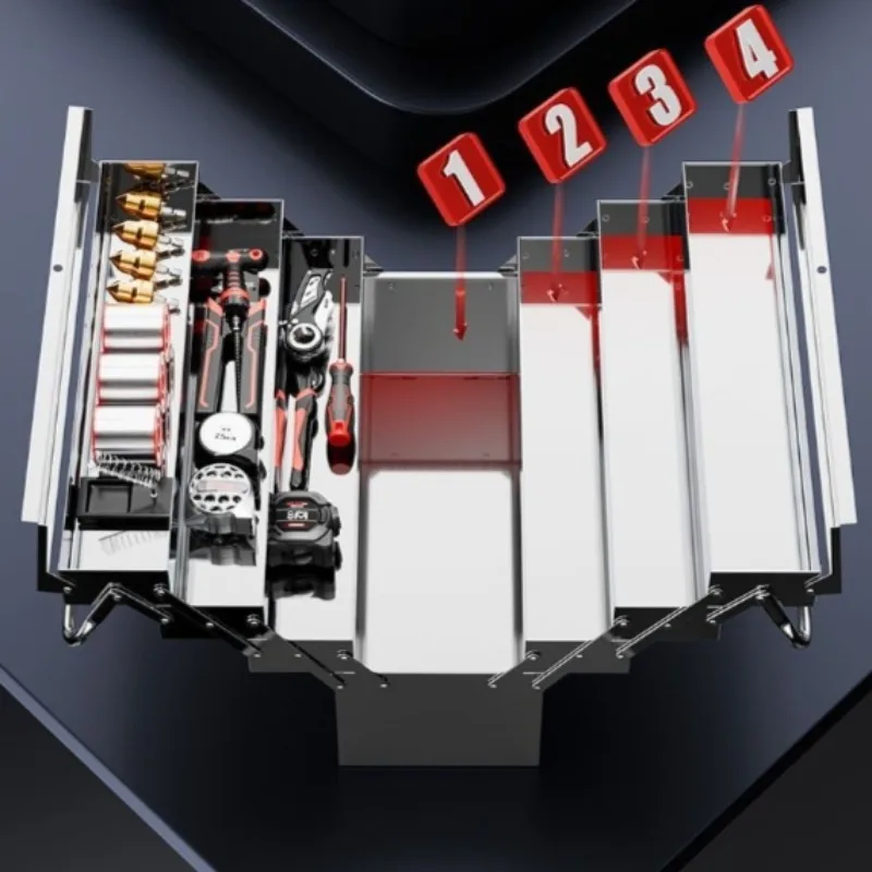 Stainless Steel Portable Tool Box Four-layer Folding Industrial-grade Hardware Tools Storage Box Large-size Household Tool Case
