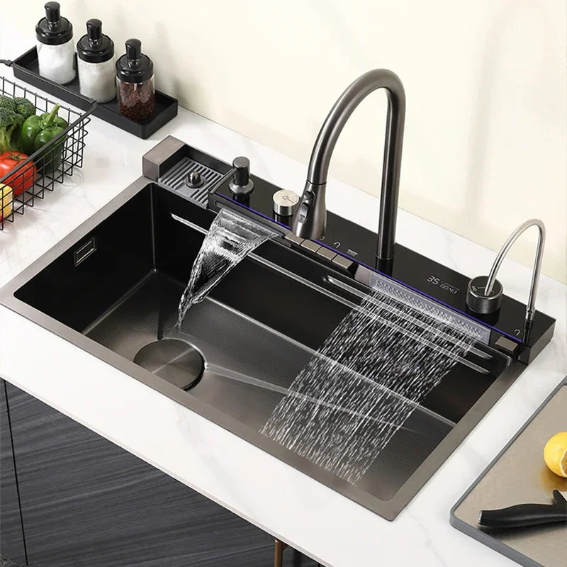 

Waterfall Kitchen Sink Stainless Steel Apartment Large Single Slot Faucet Set Digital Display Multifunctional Wash Basin Washing