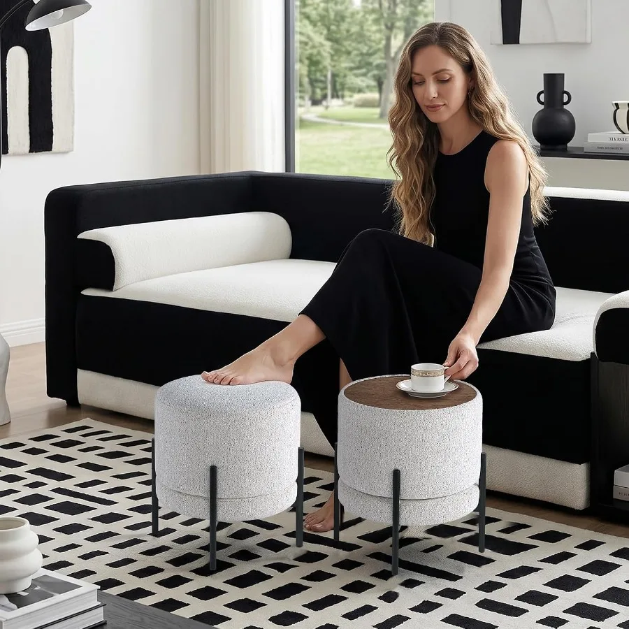 Multifunctional Ottoman with Side Table, Soft Round Footrest Stool, Vanity Stool with Metal Legs, Modern Decorative Furniture V