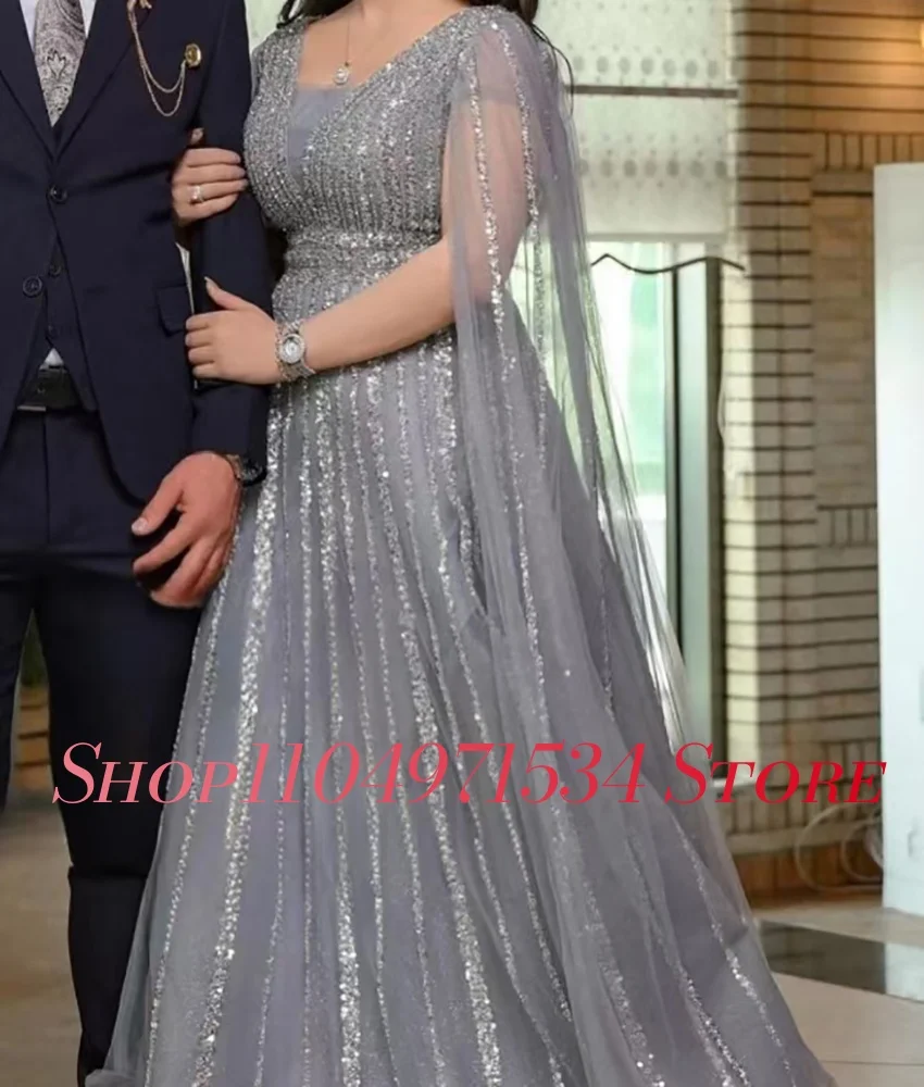Customized High Quality Tulle A-Line Sequined Evening Dress Elegant Long Sleeves Square Neck Floor Length Special Occasion Gowns
