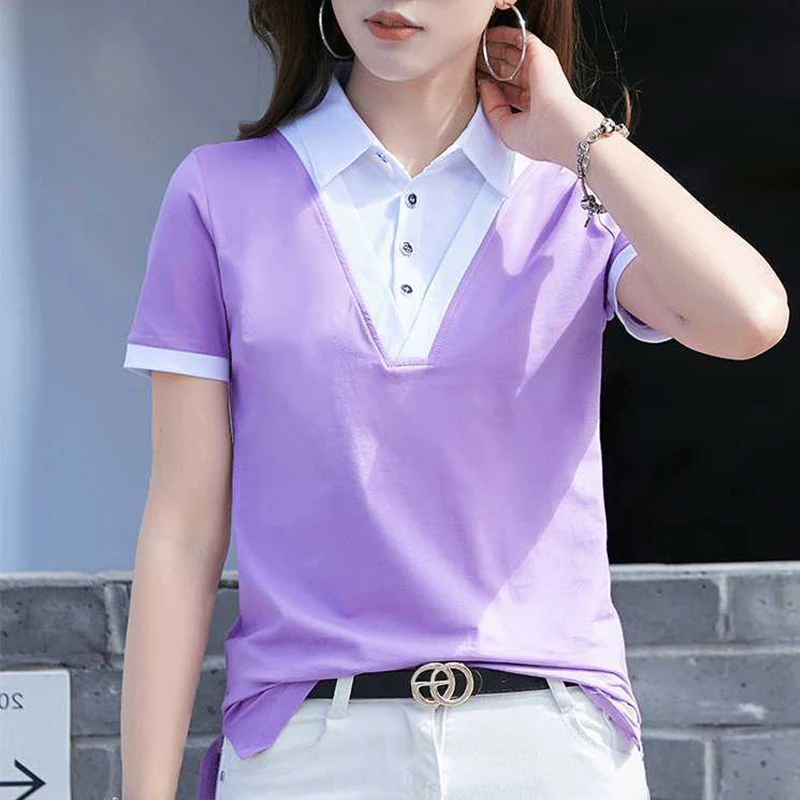 HI-FASHION Women Lapel Buttons T-Shirt Korean Loose Vintage Female tshirt Woman Summer Cotton Fake Two Peice Plus Size Shirt
