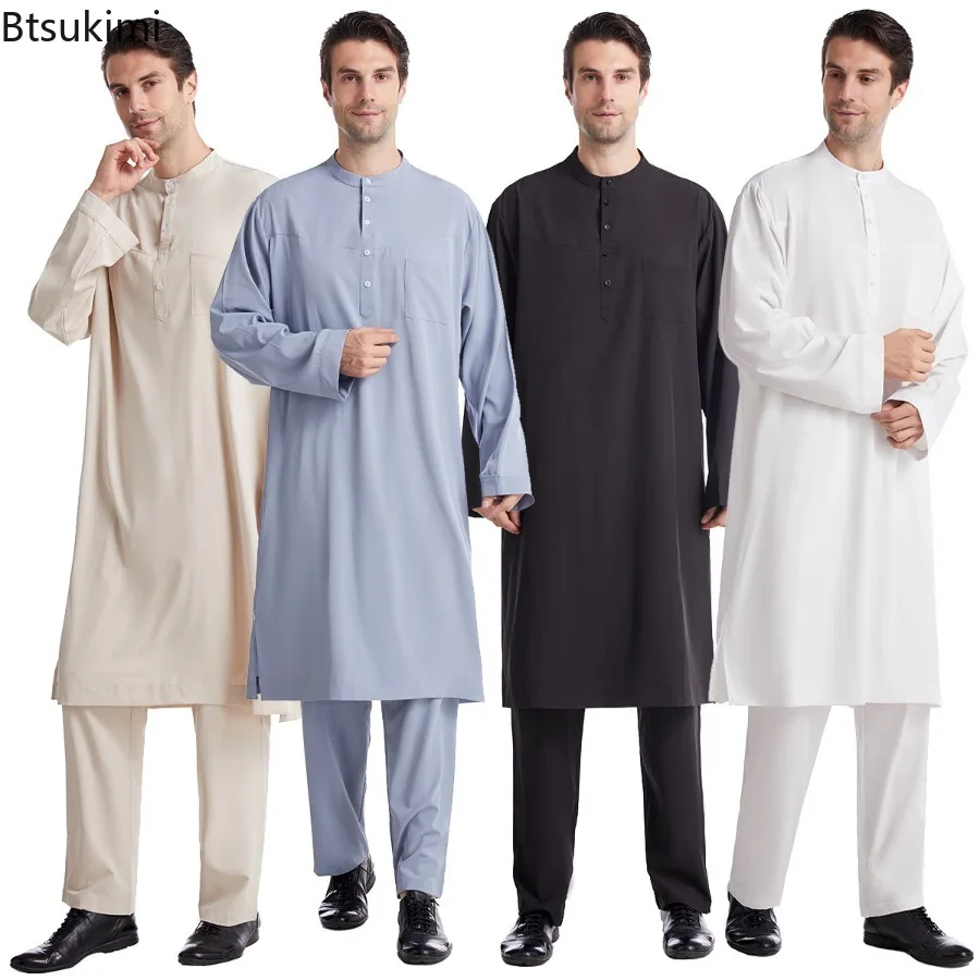 

2025 Men's Muslim Sets Eid Ramadan Jubba Thobe Turkey Kaftan Saudi Arabic Solid Robe Pants 2 Piece Sets Loose Kaftan Dress Tunic