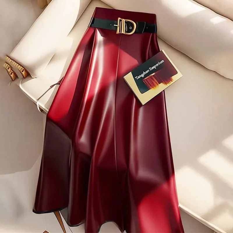 Autumn Winter Skirt Women 2024 New Plus-Size PU Leather Skirt Female Fashion Long Pleated Wine Red A-Line Skirts