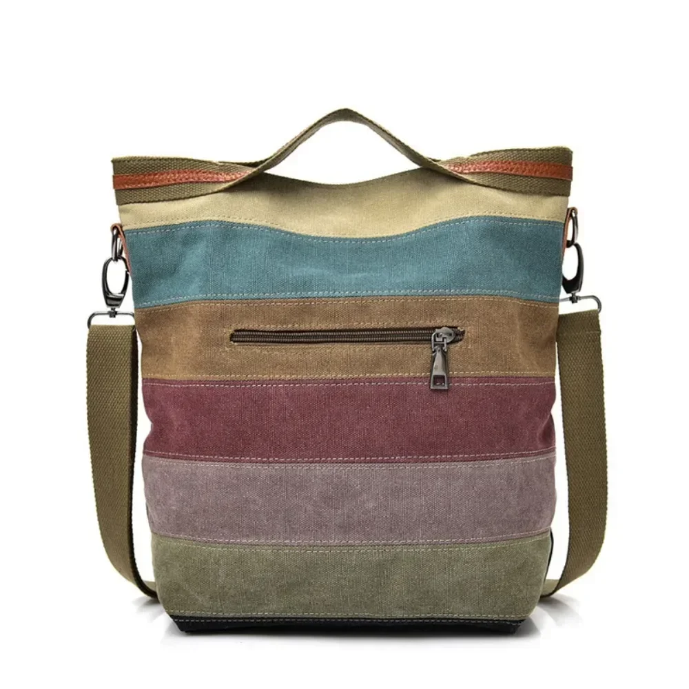

Women Casual Canvas Shoulder Bag Large Capacity Multi Pocket Crossbody Tote Simple Patchwork Rainbow Print