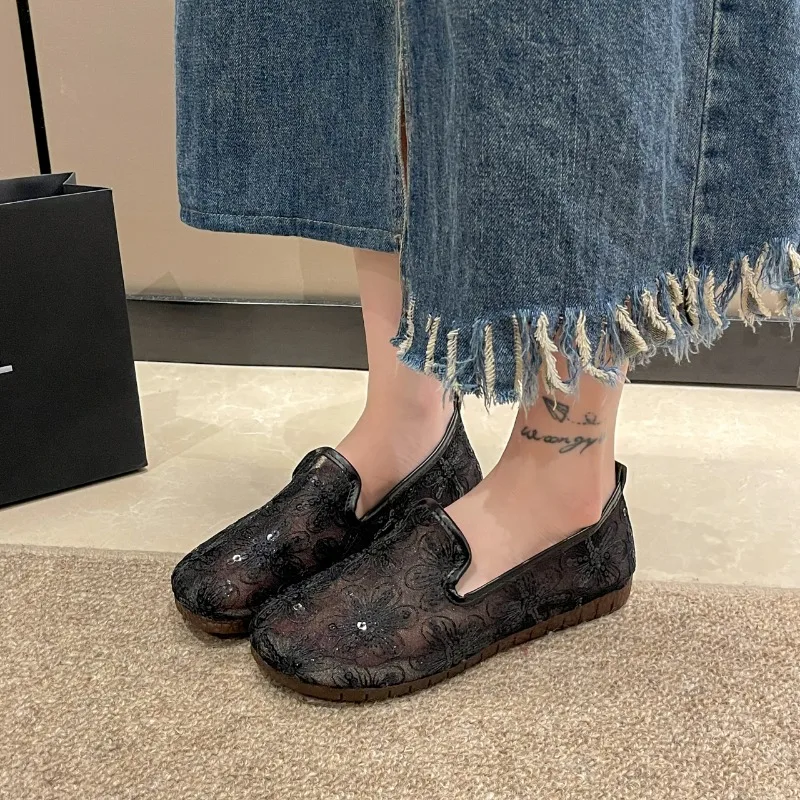 Women's Single Shoes Summer New Flat Mesh Embroidered Sequin Cloth Shoes Casual Comfortable Light Breathable Sports Shoes