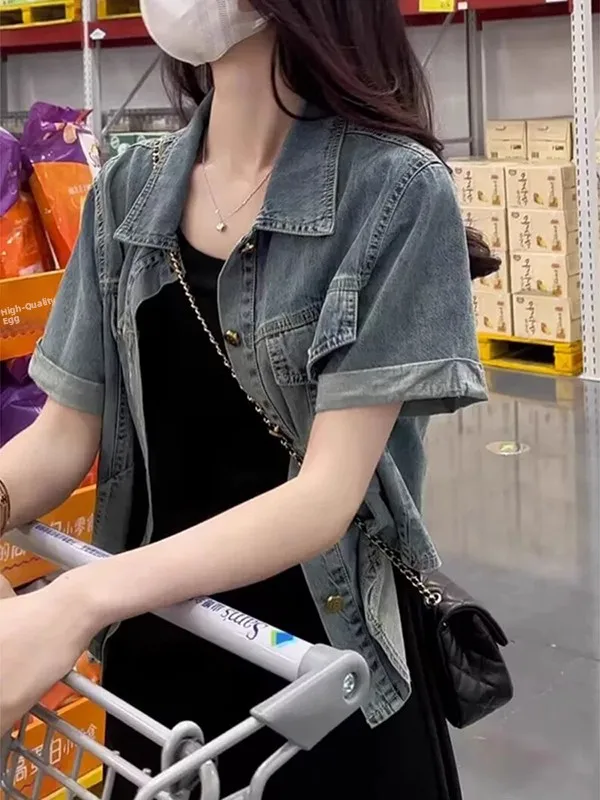 Women's Short Sleeve Denim Jacket Casual Versatile Spring Autumn Summer Small Size Commute Style Button up  Neckline
