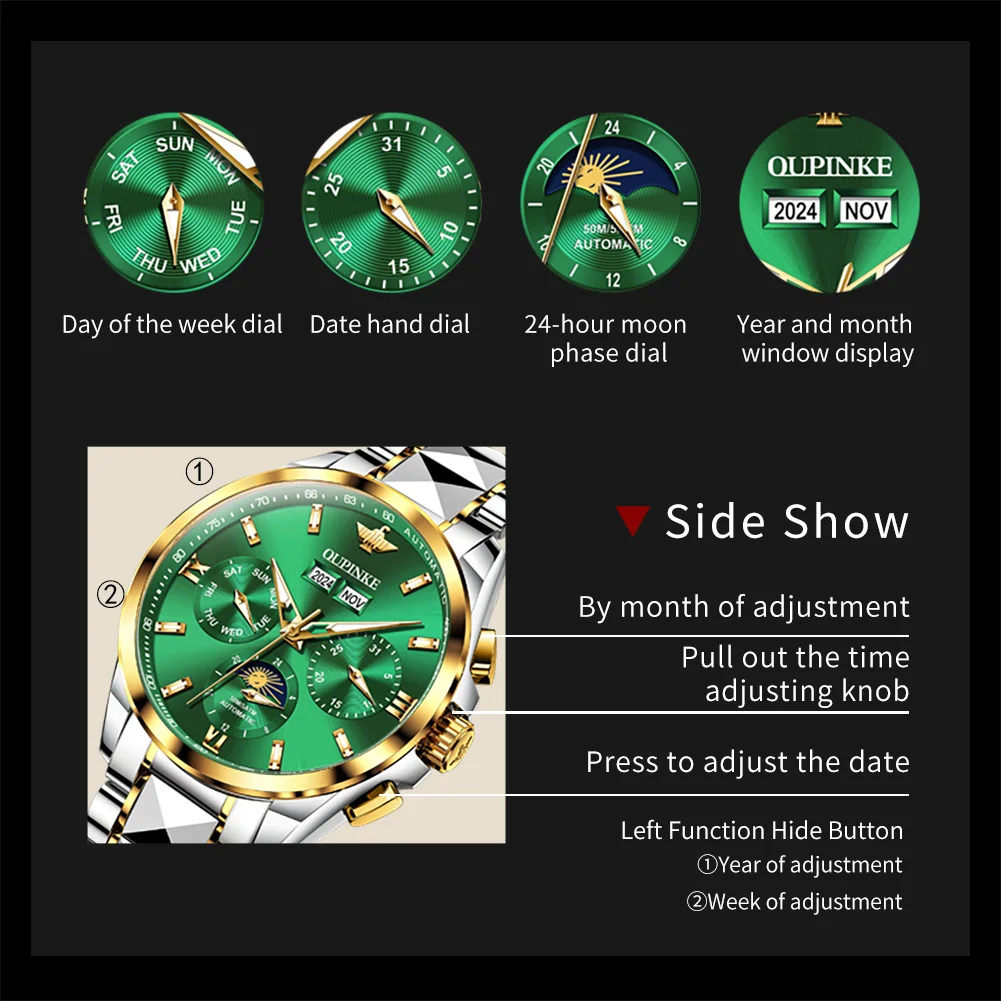 

OUPINKE Men's Watches Top Brand Original Automatic Mechanical Wristwatch Waterproof Luminous Calendar Tungsten Steel Sapphire