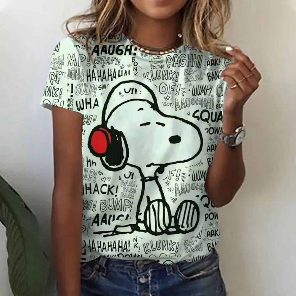 2024 Snoopy T-shirt mother and daughter Women\'s girl O-neck Design Summer Short Sleeve Sexy Neckline Cartoon Pattern Print Top