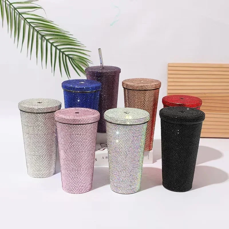 750ml Straw Cup with Lid Shining Rhinestone Stainless Steel Double Layer Thermos Cups Women Glitter Cup Water Bottle Xmas Gifts