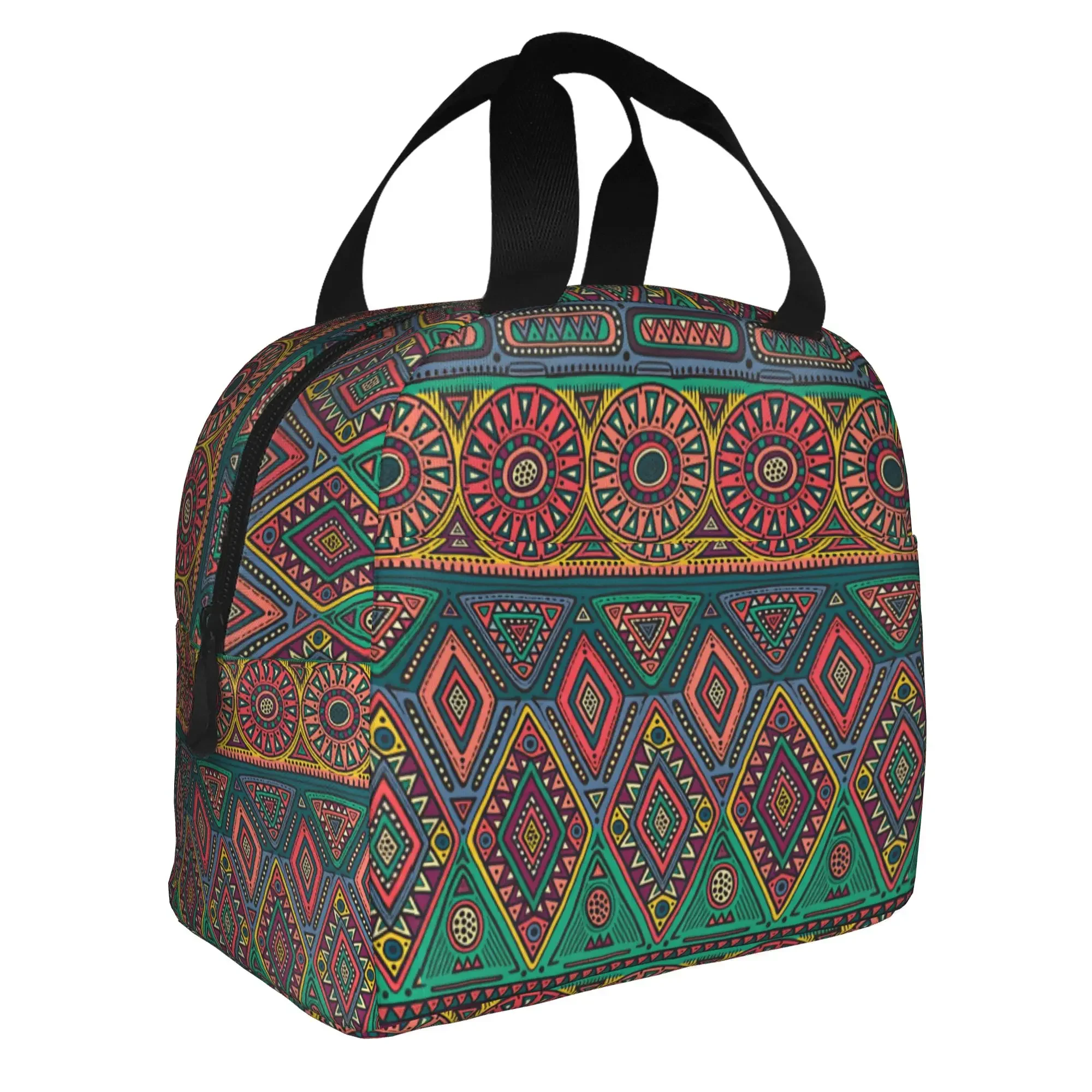 African Tribal Style Bohemian Ethnic Thermal Insulated Lunch Bags Geometric Resuable Lunch Tote for Multifunction Food Box