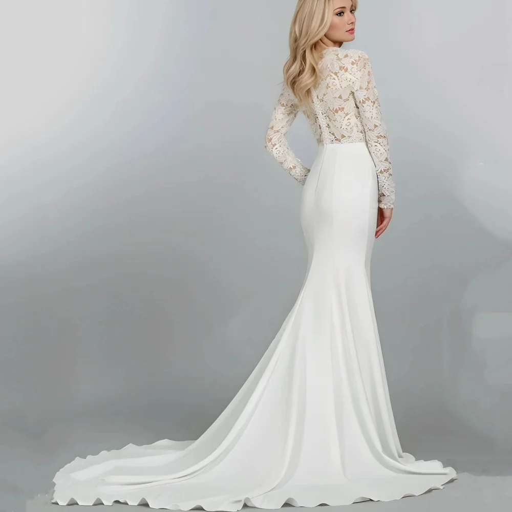 فساتين زفاف أنيقة عميقة على شكل حرف V مخصصة من الدانتيل حورية البحر فساتين زفاف بأكمام طويلة فستان عروس فاخر فيستدو دي نوفيا