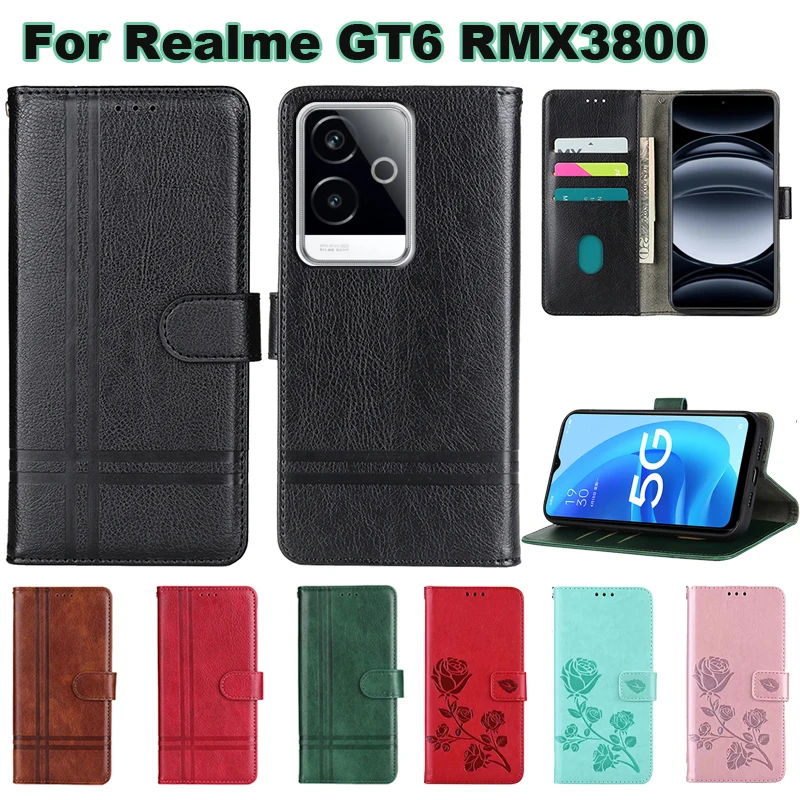 

For чехол Realme GT6 Case Leather Coque Wallet Capas Phone Cover For Carcasas Realme GT6 RMX3800 Mujer RealmiGT6 GT 6 Etui 6.78"