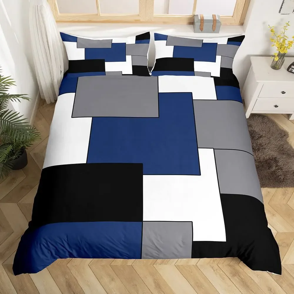 

Modern Abstract Plaid Duvet Cover King for Boys Women Gray Black Blue White Square Bedding Set Geometric Grid Comforter Covers
