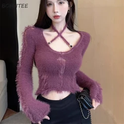 Pullovers Women Halterneck Chic Spring Autumn Soft Furry Cozy Knitted Hole Design Sweet Spicy Girls Korean Fashion Popular Ins