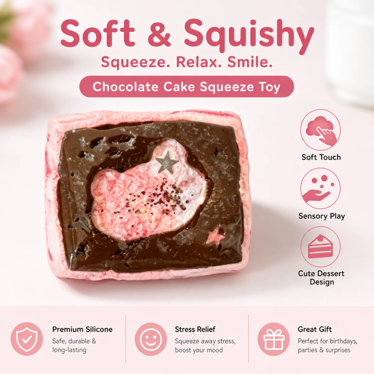 Food Grade Chocolate Glaze Toast Squishy Toy With Pink Bear Pattern And Star Decoration Fluffy Pink Edge Slow Rebound Soft Toy