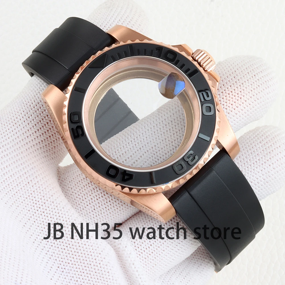 40mm NH35 Case Rose Gold PVD Sapphire Glass for GMT SUB Yacht-master Watch Case NH34 NH35 NH36 movement 28.5mm Dial Rubber Strap