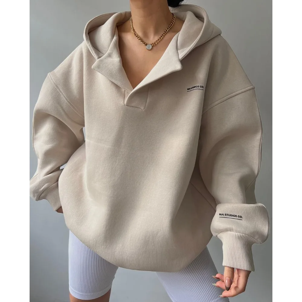 2024 New Long Sleeve Basic Oversized Hoodies V-neck Fleece Sweatshirt Hoodie Zip Up Hoodie Winter Clothes Women K Pop Streetwear