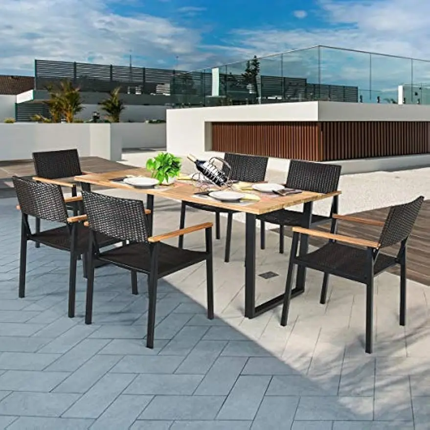 7PCS Outdoor Dining Set, Patented Patio Furniture Set w/Large Rectangle Acacia Wood Table Top, Rattan Chairs with Steel Frame