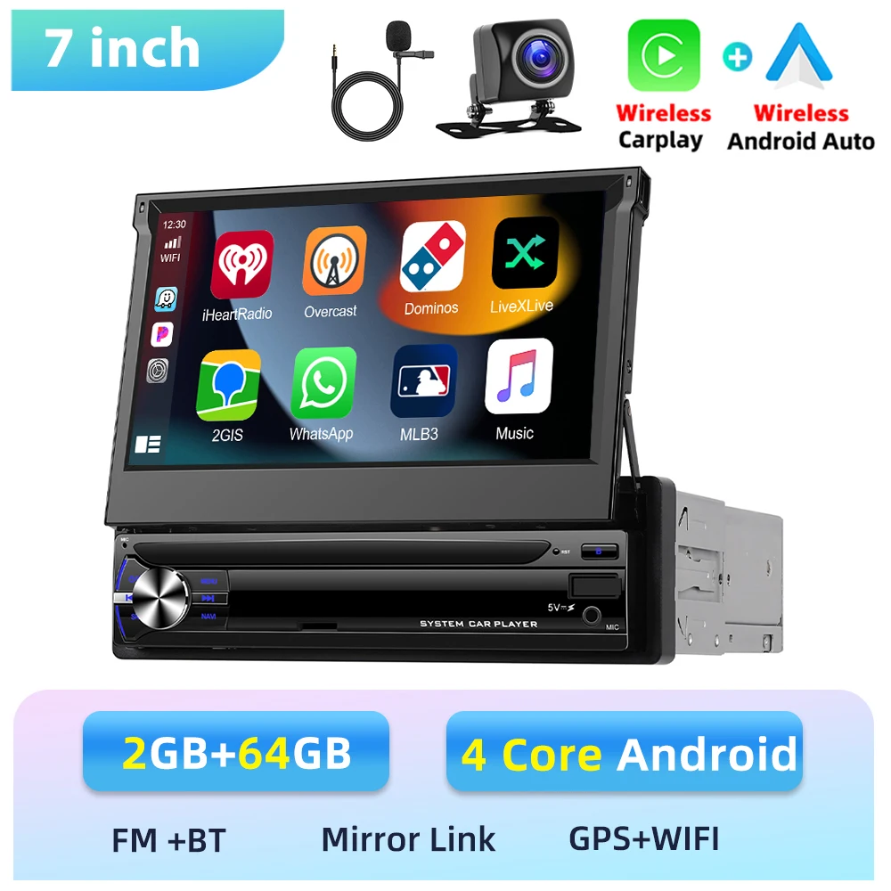 Podofo 1 Din Carplay 6+128G Intelligent Autosysteem Draadloos Android Auto Carplay 7'' Auto Multimedia Speler GPS Wifi 4G BT USB