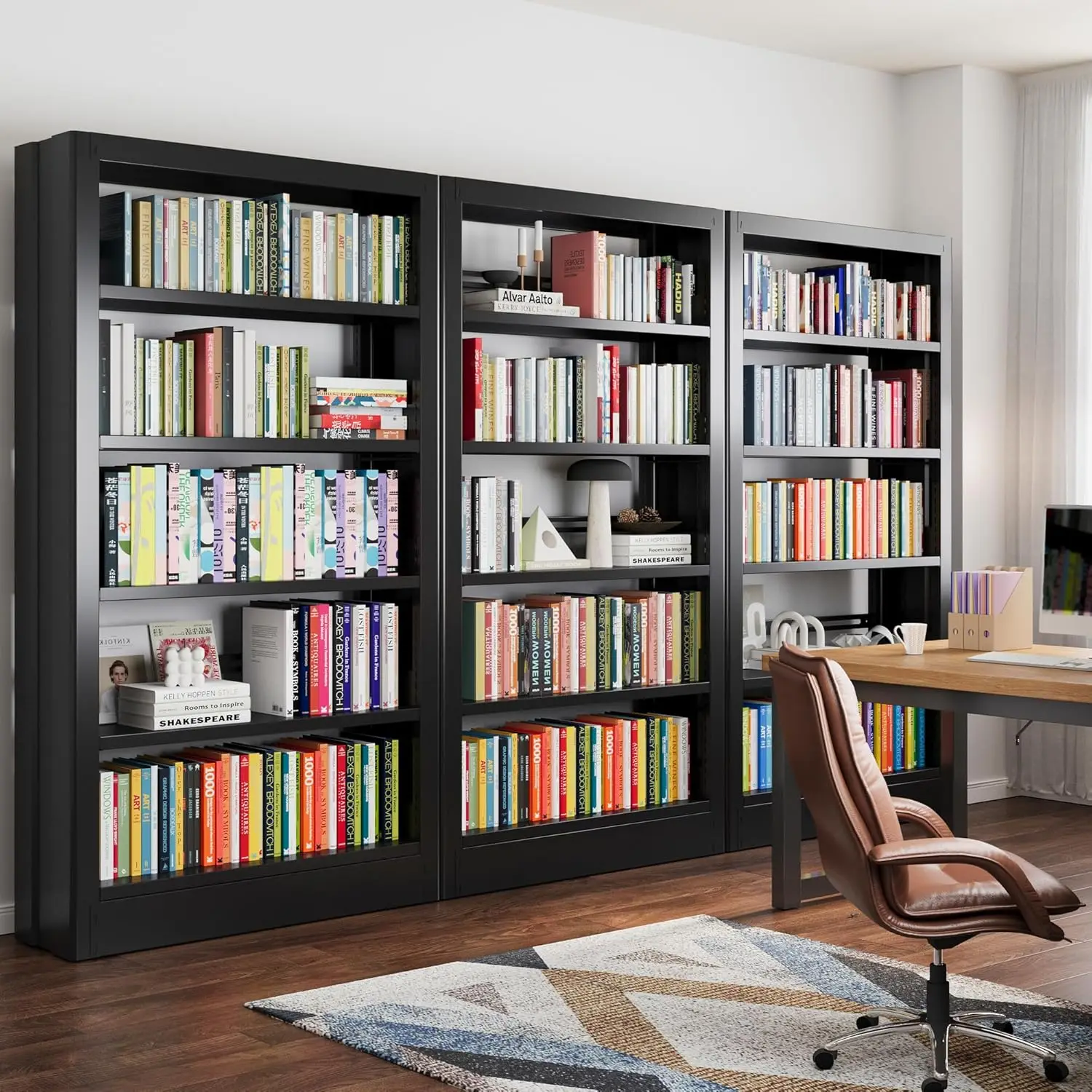 71" Metal Bookshelf,5 Tier Black Bookshelf With Adjustable …