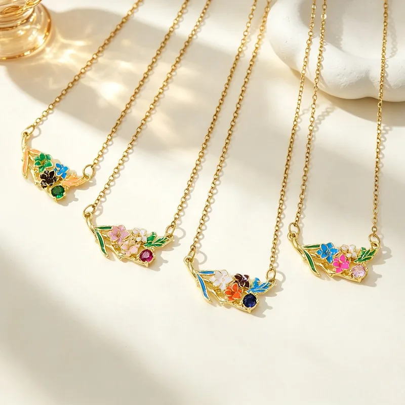 Exquisite Stainless Steel Colorful Enamel Phalaenopsis Zircon Floral Pendant Necklace for Women Birth Flower Neck Jewelry Gifts