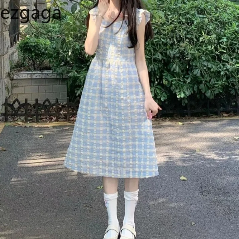 

Ezgaga Plaid Dresses Women Ruffles Patchwork Flying Sleeve Summer Fashion Casual Loose Sweet Dress Preppy Style Female