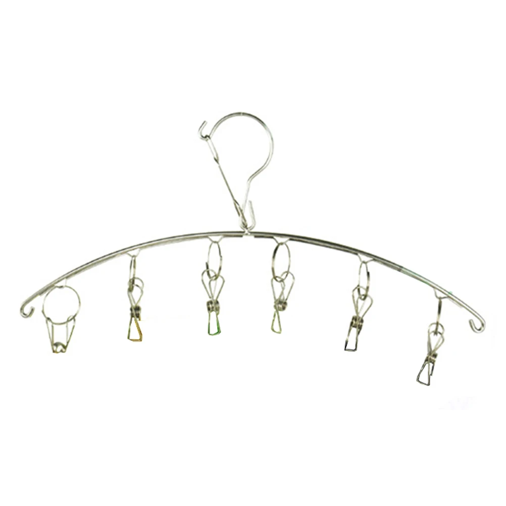

2pcs Stainless Steel Sock Drying Rack Arc Laundry Hanger Windproof Clothespin Hook Multi-Functional Stocking Rack 6 Clips