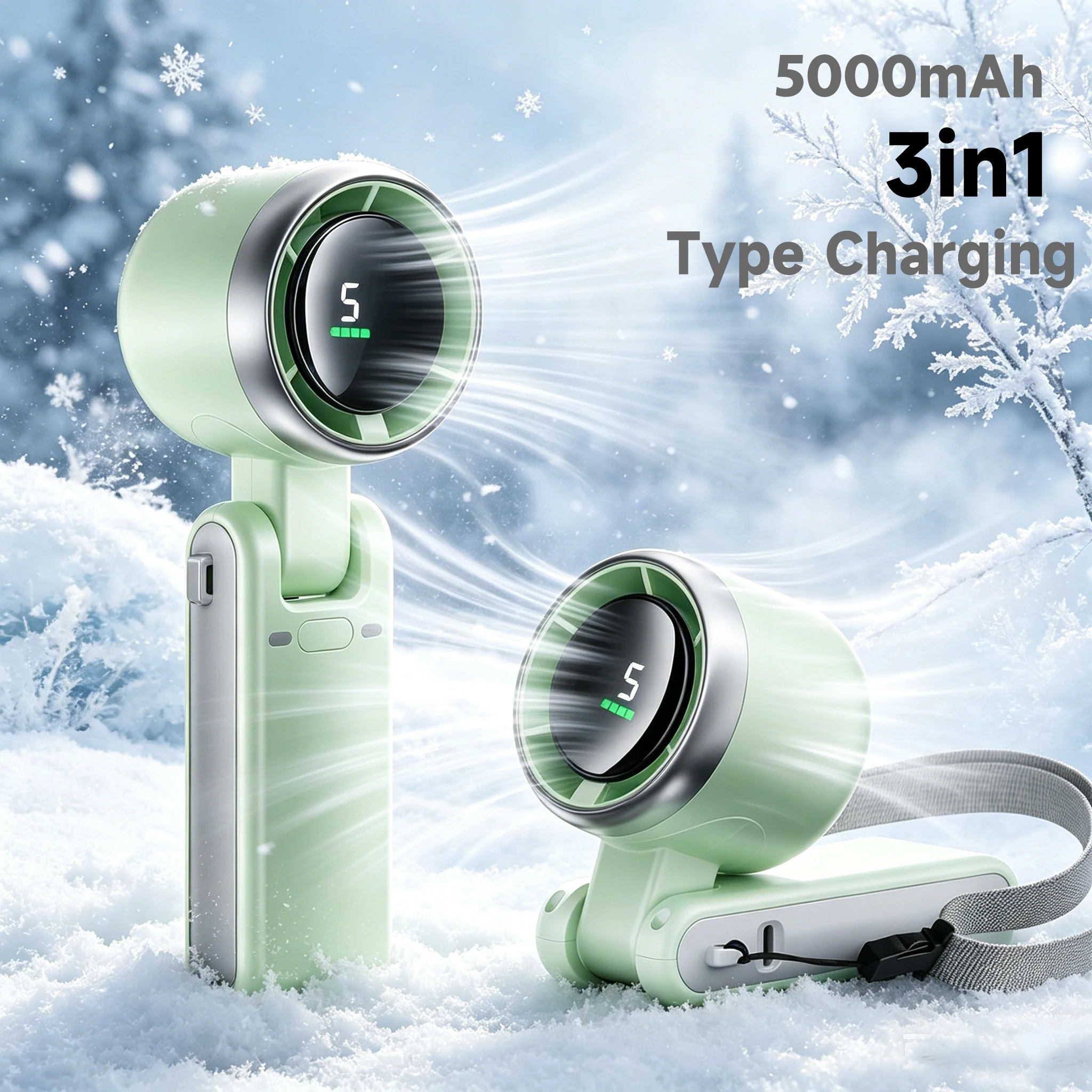 5000mAh Handheld Mini Cooling Fan 3-in-1 Fan 5 Speed Rechargeable Handheld Electric Fan Lithium Battery Type C Charging Travel