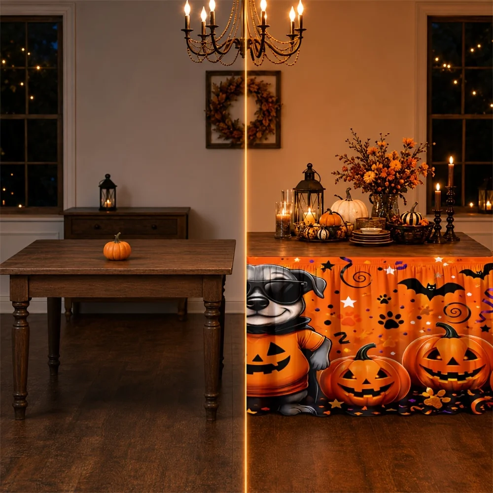 Send a set of tablecloth and tablecloth skirt, 1-piece package. Halloween pumpkin dog bat orange star festival decoration.zyc